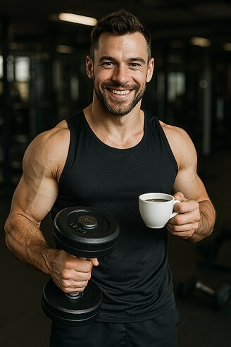 Muž, posilovna, testosteron, činka, espresso